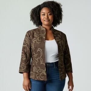 Women's Chicos Brown Open Front Linen Nylon Jacket Size 1 Brown Embroidery